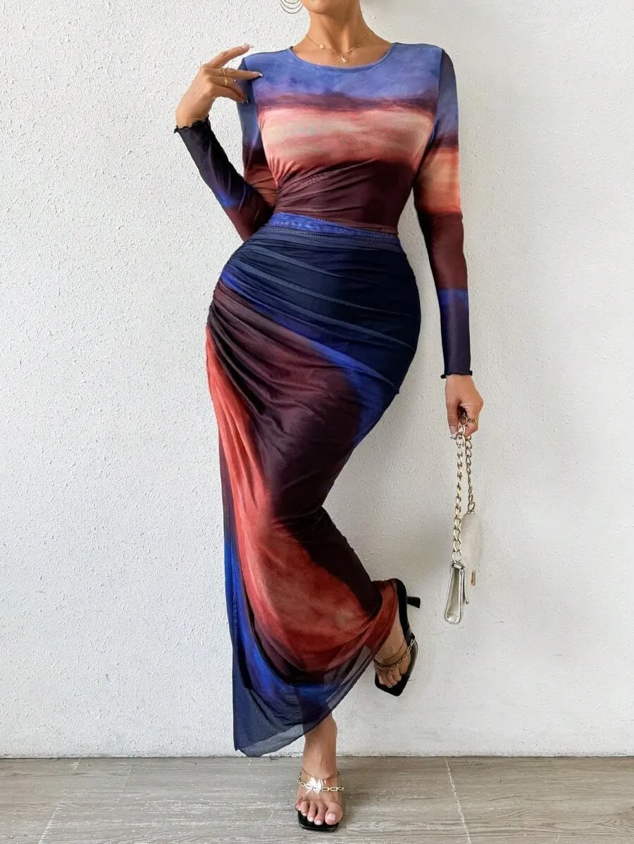 MOEENCN Women Sheer Mesh Maxi Dress Long Sleeve Bodycon Birthday Outfits Ruched Tie Dye Cocktail Club Party Dresses