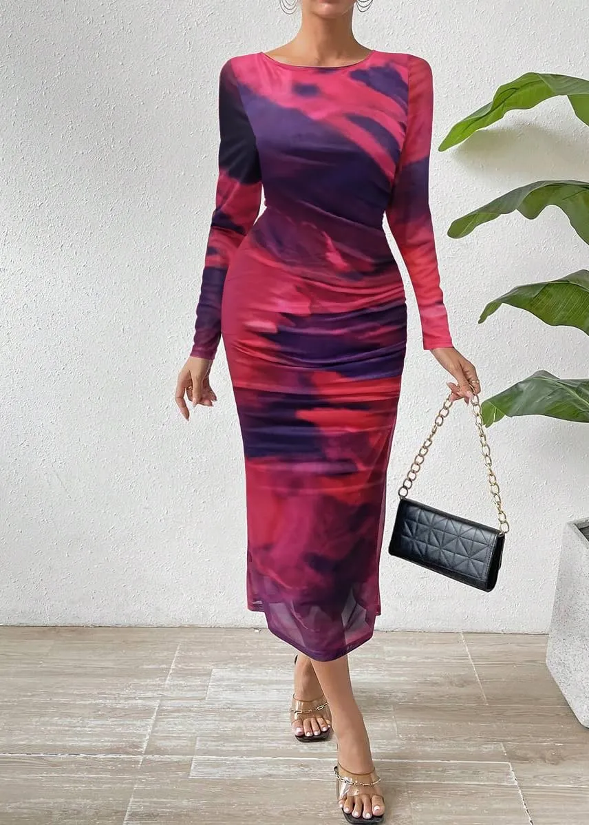 MOEENCN Women's Sexy Mesh Dress Long Sleeve Ruched Printed Bodycon Party Club Cocktail Maxi Dresses