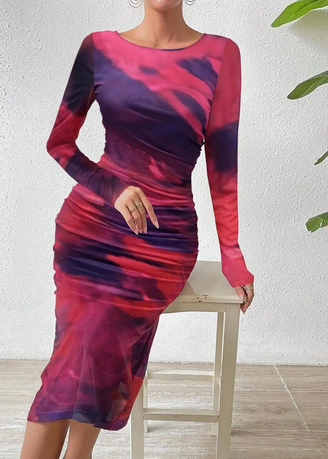 MOEENCN Women's Sexy Mesh Dress Long Sleeve Ruched Printed Bodycon Party Club Cocktail Maxi Dresses