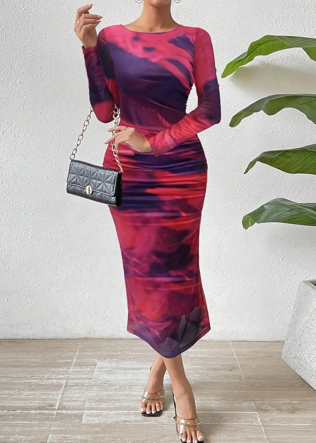 MOEENCN Women's Sexy Mesh Dress Long Sleeve Ruched Printed Bodycon Party Club Cocktail Maxi Dresses