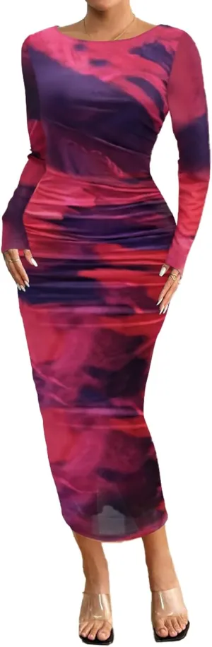 MOEENCN Women's Sexy Mesh Dress Long Sleeve Ruched Printed Bodycon Party Club Cocktail Maxi Dresses
