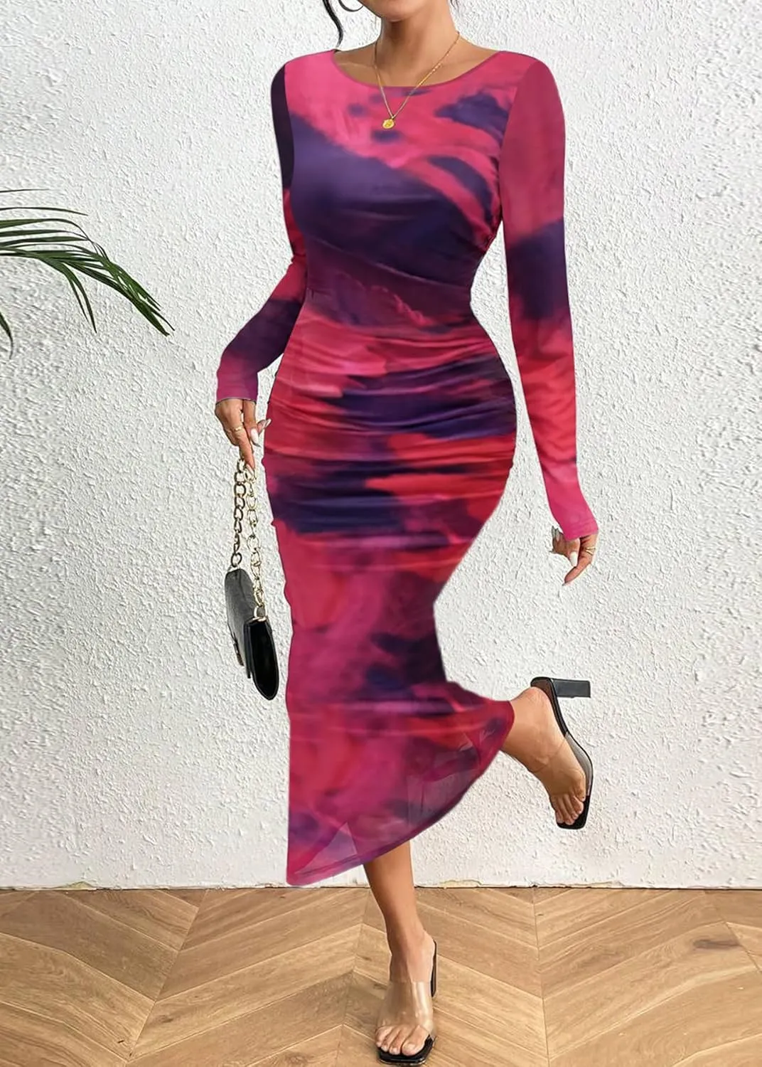 MOEENCN Women's Sexy Mesh Dress Long Sleeve Ruched Printed Bodycon Party Club Cocktail Maxi Dresses
