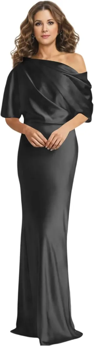 Monvelli One Shoulder Mother of The Bride Dresses Long Satin Mermaid Half Sleeve Prom Formal Evening Gown with Slit