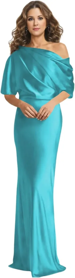 Monvelli One Shoulder Mother of The Bride Dresses Long Satin Mermaid Half Sleeve Prom Formal Evening Gown with Slit