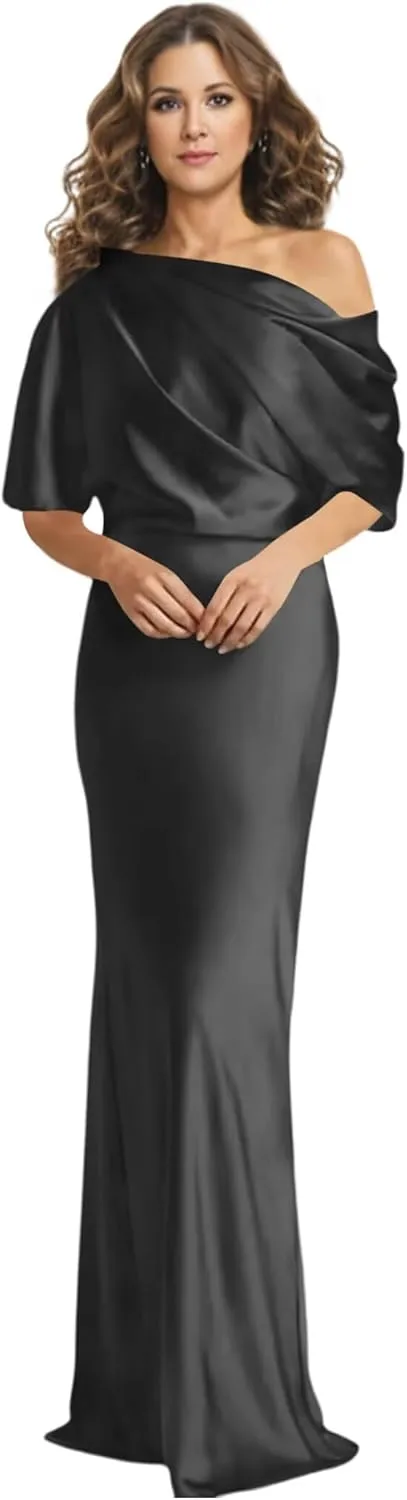 Monvelli One Shoulder Mother of The Bride Dresses Long Satin Mermaid Half Sleeve Prom Formal Evening Gown with Slit