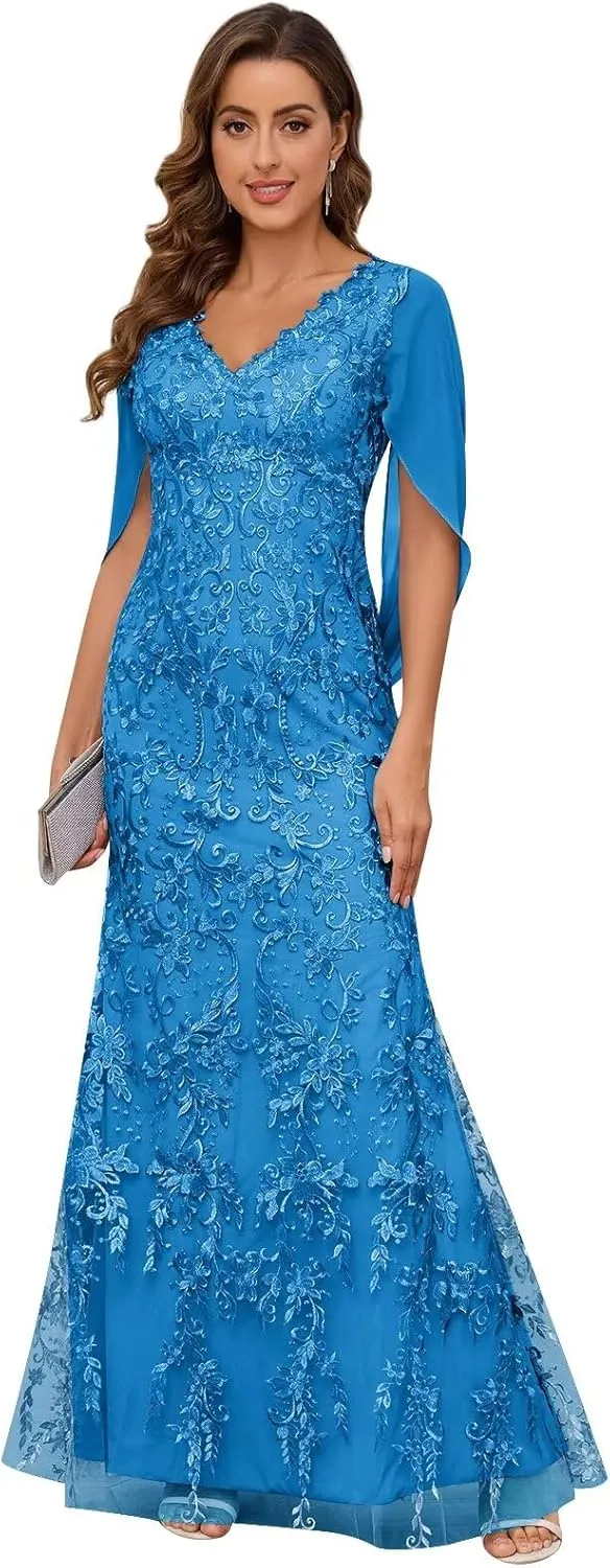 Mother of The Bride Dresses for Wedding with Cape Sleeve V-Neck Chiffon Mermaid Formal Dress