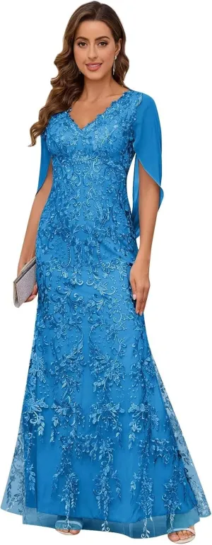Mother of The Bride Dresses for Wedding with Cape Sleeve V-Neck Chiffon Mermaid Formal Dress