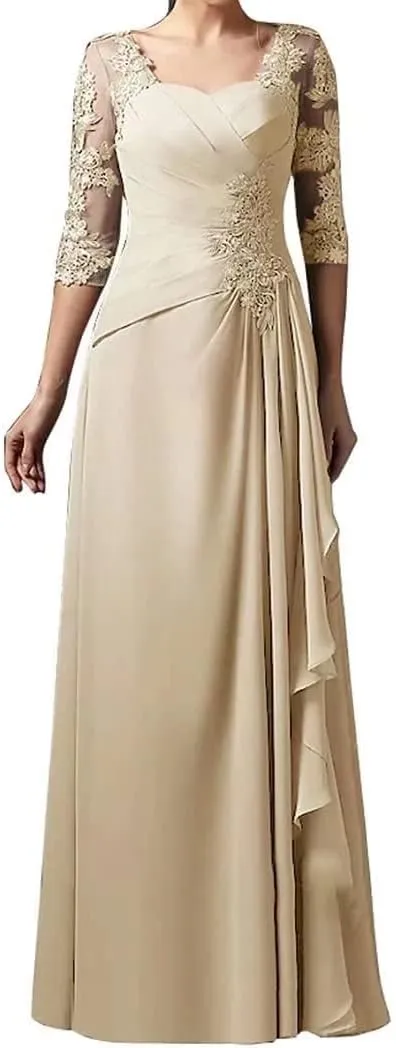 Mother of The Bride Floral Lace Chiffon Dress 3/4 Sleeve A-line Pleated Formal Party Evening Gown Wedding Guest Dress