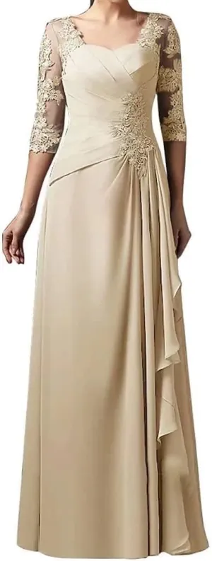 Mother of The Bride Floral Lace Chiffon Dress 3/4 Sleeve A-line Pleated Formal Party Evening Gown Wedding Guest Dress