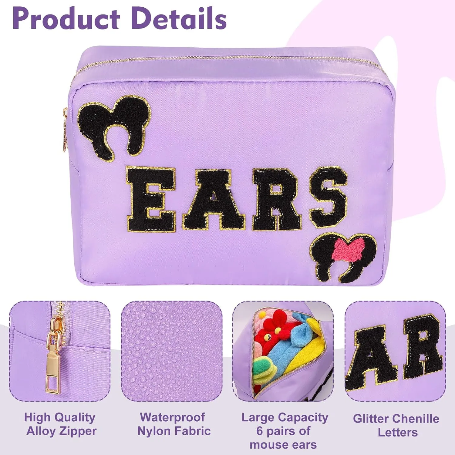 Mouse Ears Bag Travel Case Hair Accessories Organizer Bow Mouse Ears Headbands Holder Storage Nylon Large Chenille Letter Makeup Bag Park Travel Essentials Gifts for Women
