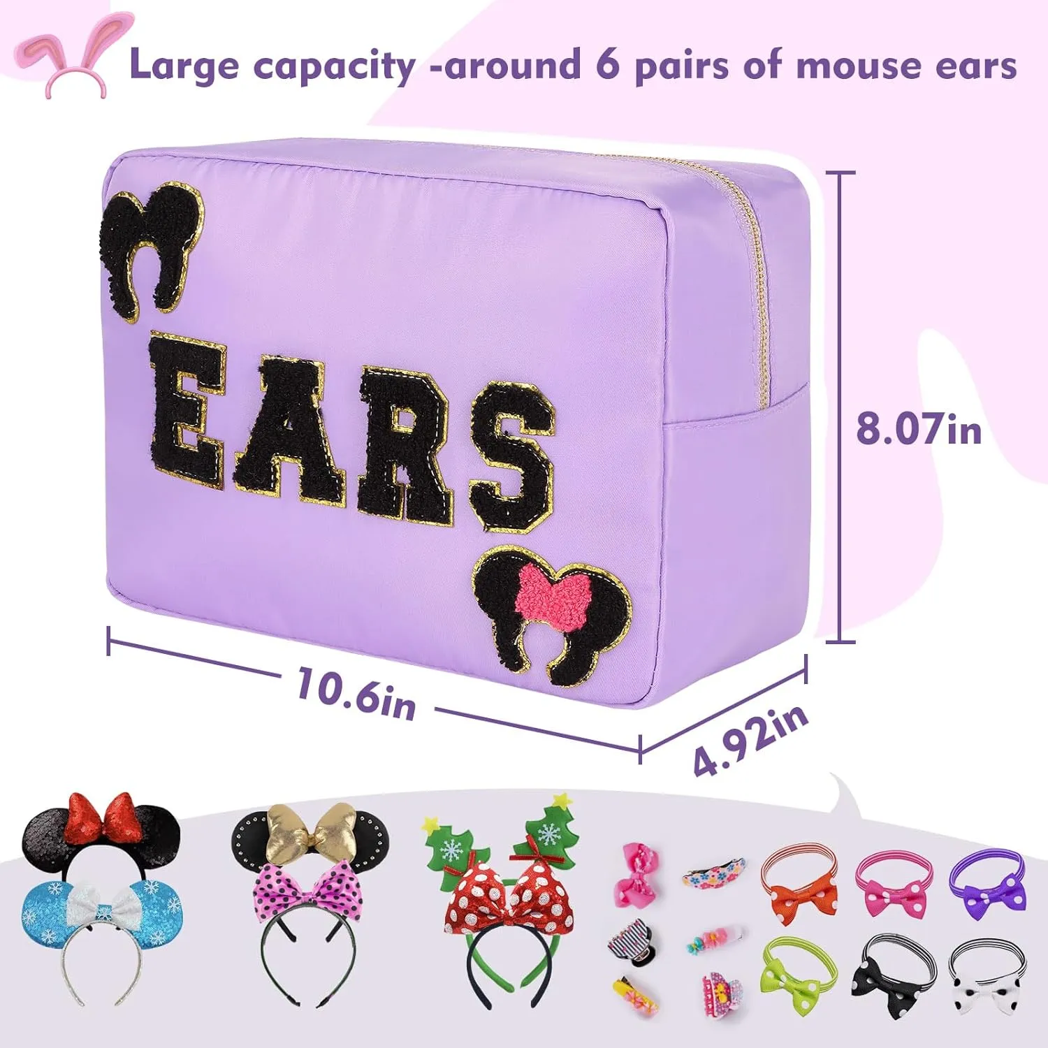 Mouse Ears Bag Travel Case Hair Accessories Organizer Bow Mouse Ears Headbands Holder Storage Nylon Large Chenille Letter Makeup Bag Park Travel Essentials Gifts for Women