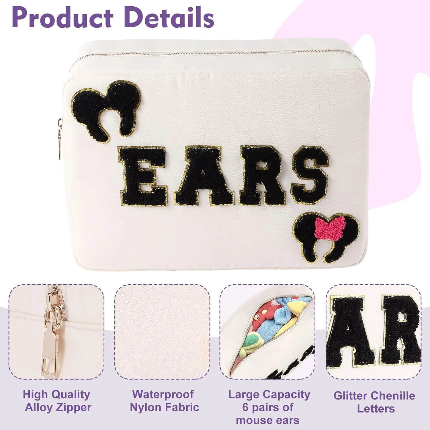 Mouse Ears Bag Travel Case Hair Accessories Organizer Bow Mouse Ears Headbands Holder Storage Nylon Large Chenille Letter Makeup Bag Park Travel Essentials Gifts for Women