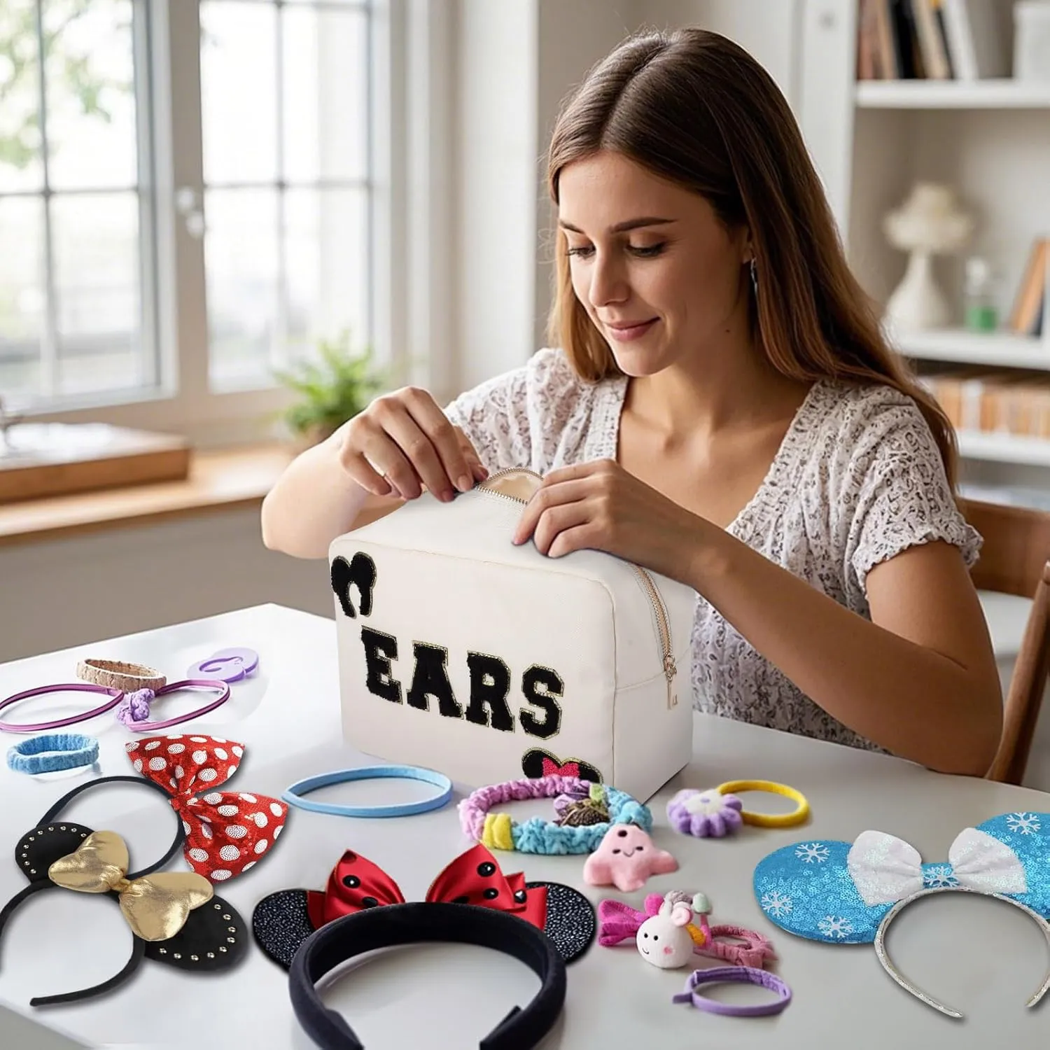 Mouse Ears Bag Travel Case Hair Accessories Organizer Bow Mouse Ears Headbands Holder Storage Nylon Large Chenille Letter Makeup Bag Park Travel Essentials Gifts for Women