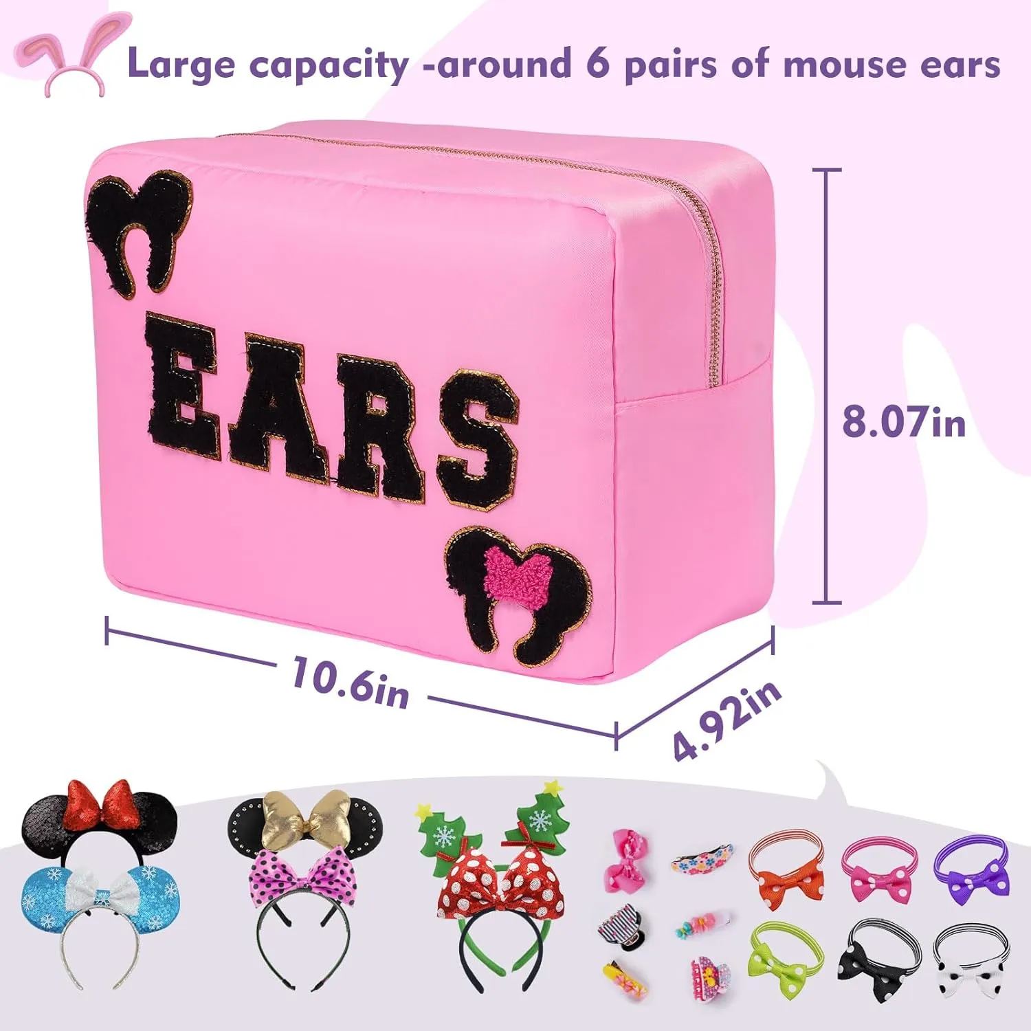 Mouse Ears Bag Travel Case Hair Accessories Organizer Bow Mouse Ears Headbands Holder Storage Nylon Large Chenille Letter Makeup Bag Park Travel Essentials Gifts for Women