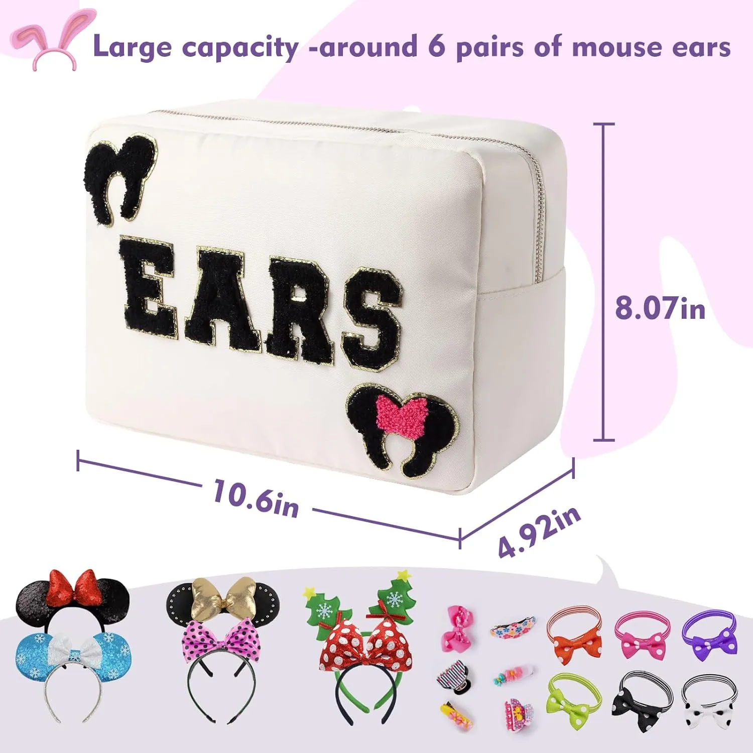 Mouse Ears Bag Travel Case Hair Accessories Organizer Bow Mouse Ears Headbands Holder Storage Nylon Large Chenille Letter Makeup Bag Park Travel Essentials Gifts for Women