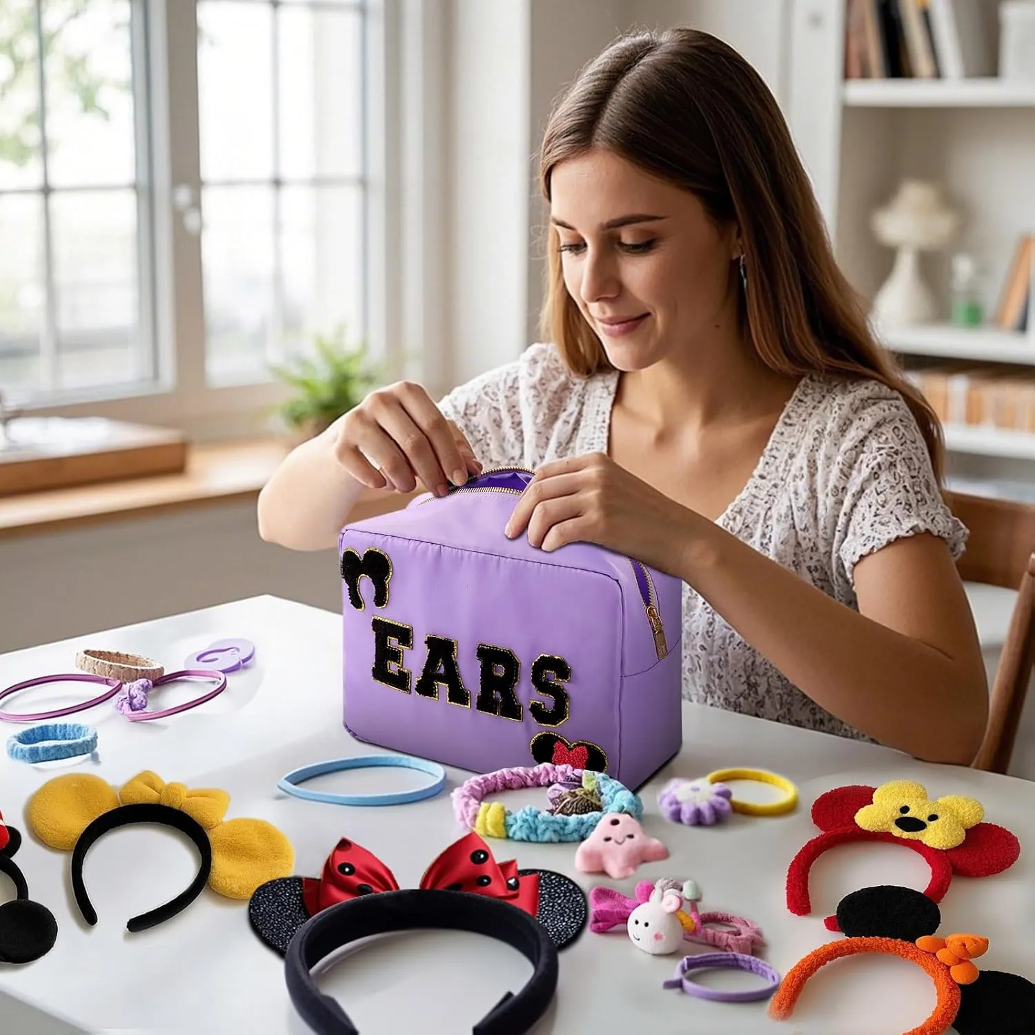 Mouse Ears Bag Travel Case Hair Accessories Organizer Bow Mouse Ears Headbands Holder Storage Nylon Large Chenille Letter Makeup Bag Park Travel Essentials Gifts for Women