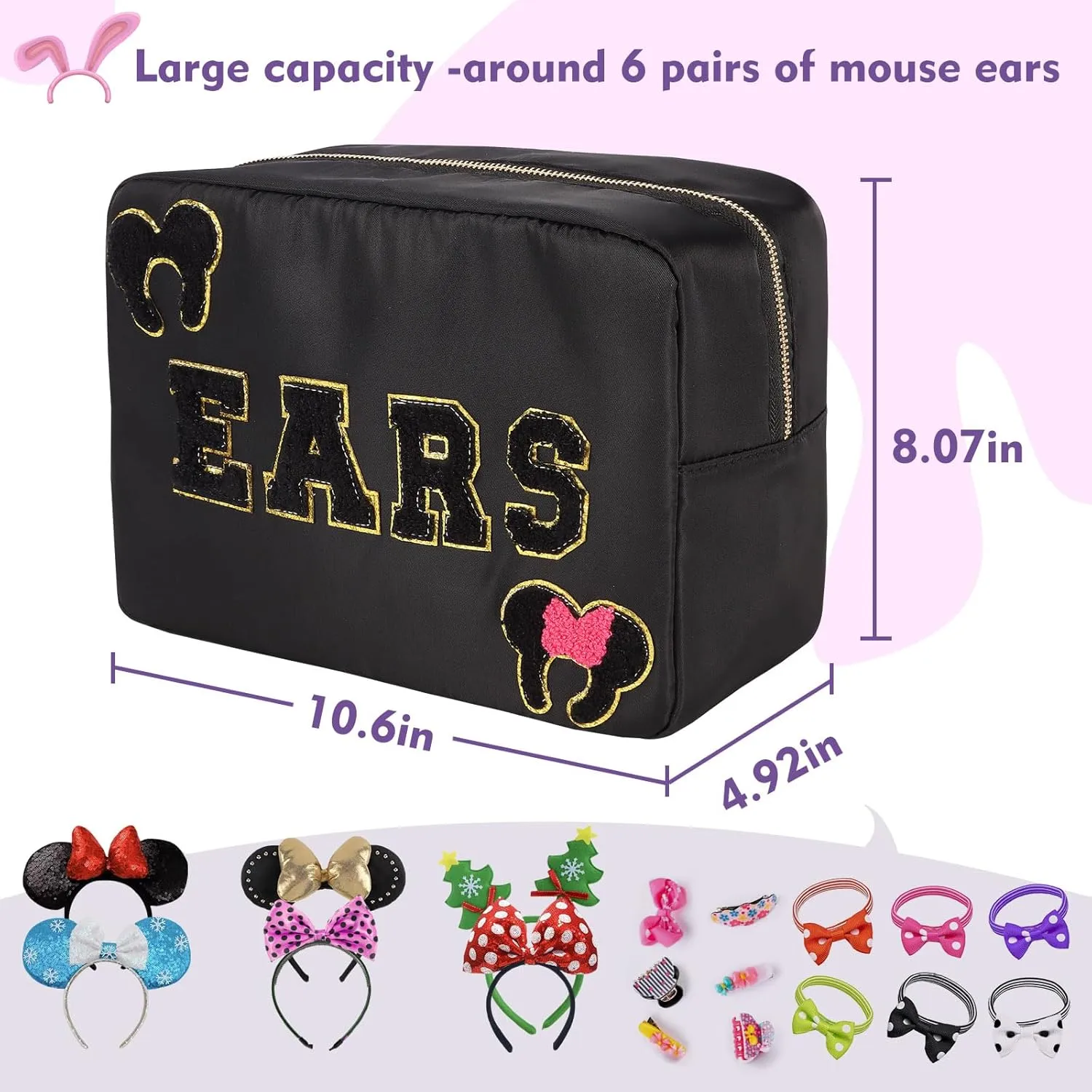 Mouse Ears Bag Travel Case Hair Accessories Organizer Bow Mouse Ears Headbands Holder Storage Nylon Large Chenille Letter Makeup Bag Park Travel Essentials Gifts for Women