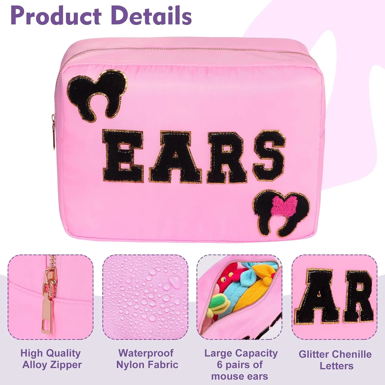 Mouse Ears Bag Travel Case Hair Accessories Organizer Bow Mouse Ears Headbands Holder Storage Nylon Large Chenille Letter Makeup Bag Park Travel Essentials Gifts for Women