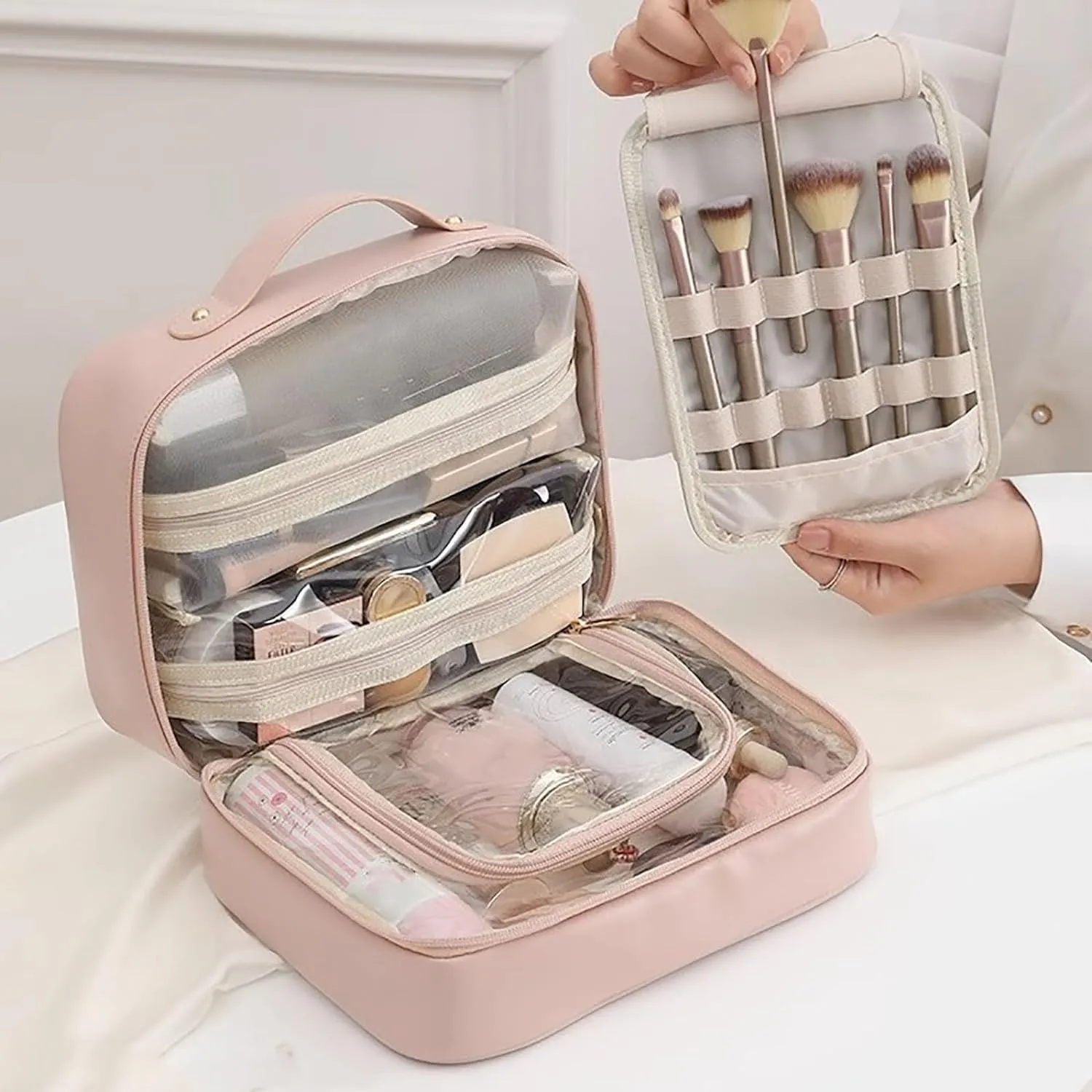 Multi-Compartment Toiletry Cosmetics Bag, Consulbefor Bag, Toiletry Cosmetics Bag Consulbefor, Large Capacity Travel Cosmetic Bag, Pu Leather Portable Storage Bag (2 Pcs D)