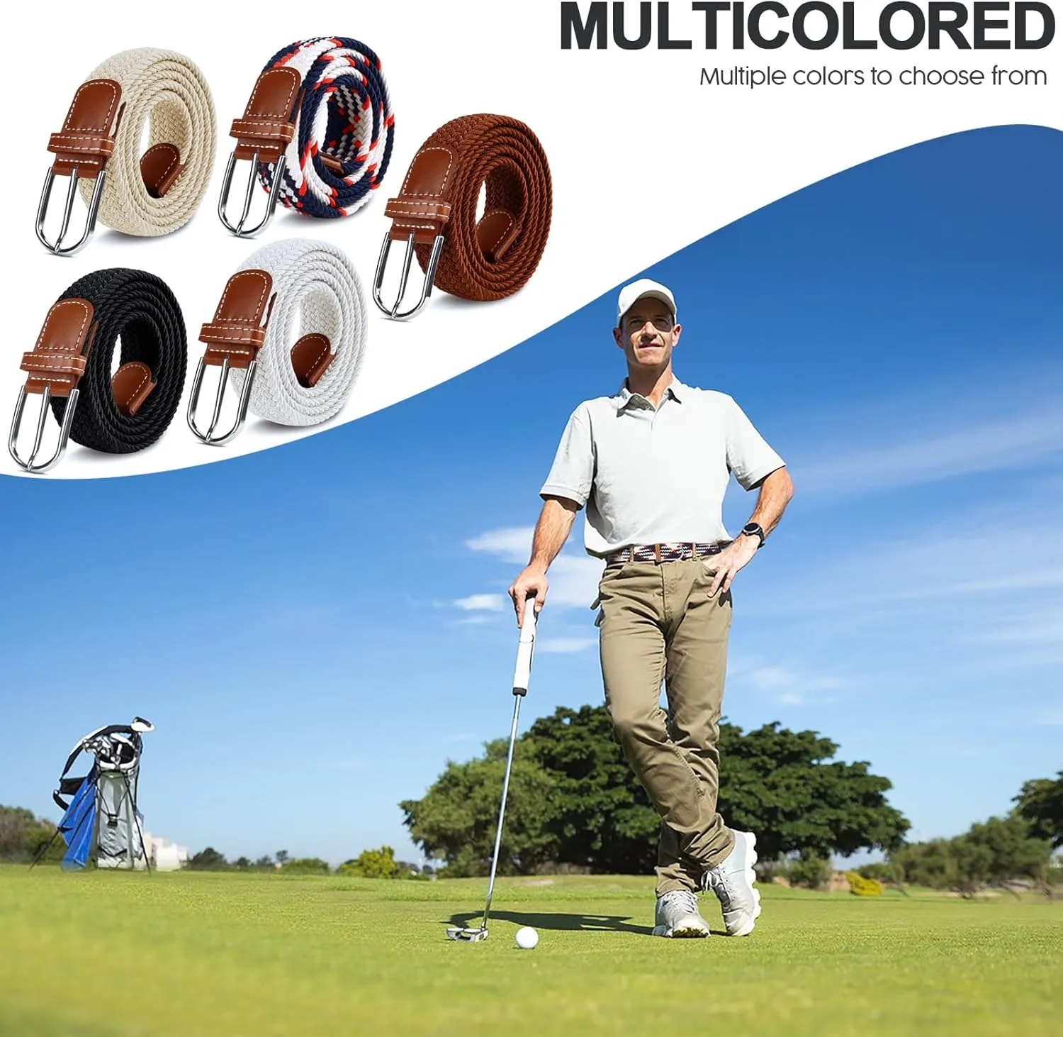 Multicolored Woven Stretch Belt for Men and Women, Braided Elastic Golf Belts Jeans Casual Pants Sport Belt