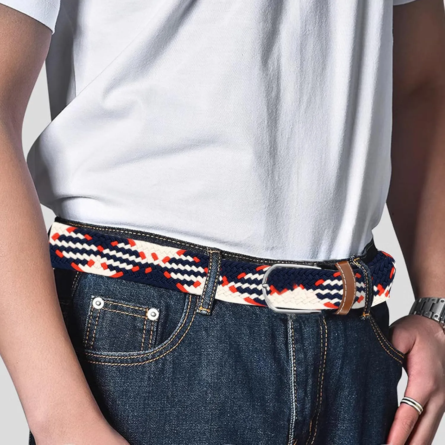 Multicolored Woven Stretch Belt for Men and Women, Braided Elastic Golf Belts Jeans Casual Pants Sport Belt