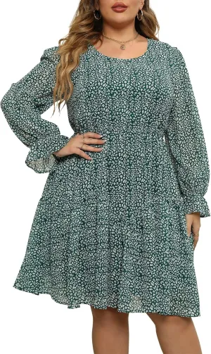 Nemidor Womens Casual Plus Size Long Lantern Sleeve Boho Chiffon Print Midi Skater Dress NEM320