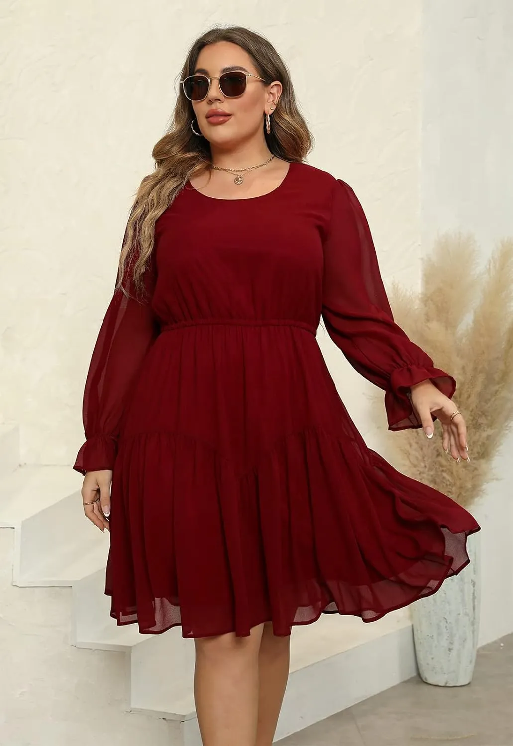 Nemidor Womens Casual Plus Size Long Lantern Sleeve Boho Chiffon Print Midi Skater Dress NEM320