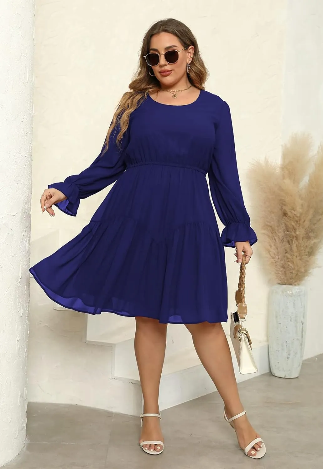 Nemidor Womens Casual Plus Size Long Lantern Sleeve Boho Chiffon Print Midi Skater Dress NEM320