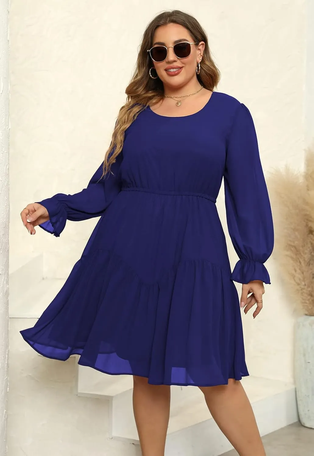 Nemidor Womens Casual Plus Size Long Lantern Sleeve Boho Chiffon Print Midi Skater Dress NEM320