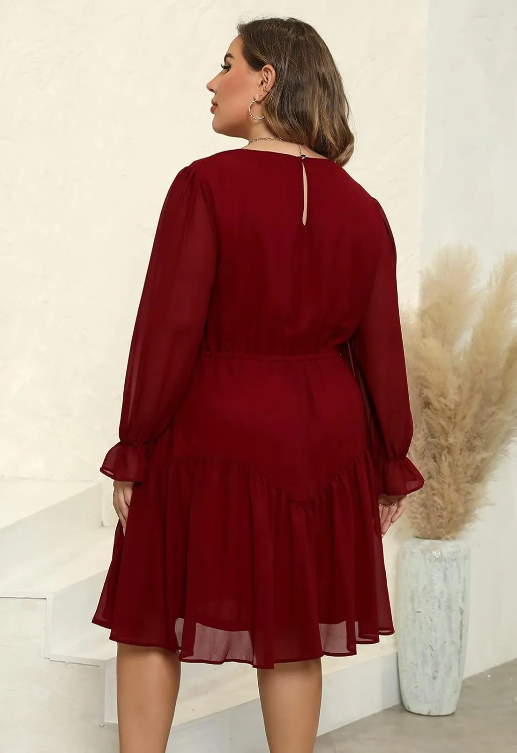 Nemidor Womens Casual Plus Size Long Lantern Sleeve Boho Chiffon Print Midi Skater Dress NEM320
