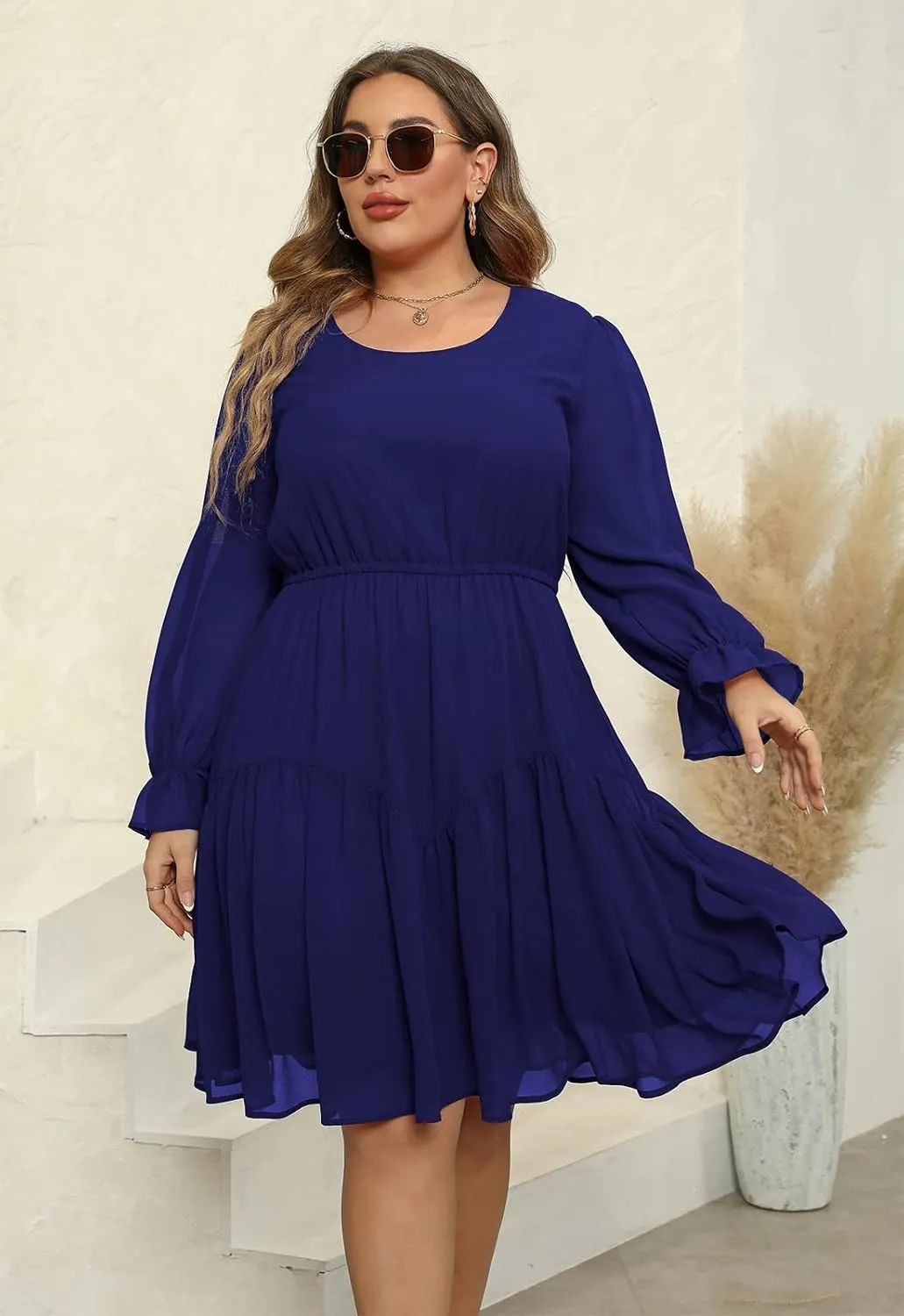 Nemidor Womens Casual Plus Size Long Lantern Sleeve Boho Chiffon Print Midi Skater Dress NEM320