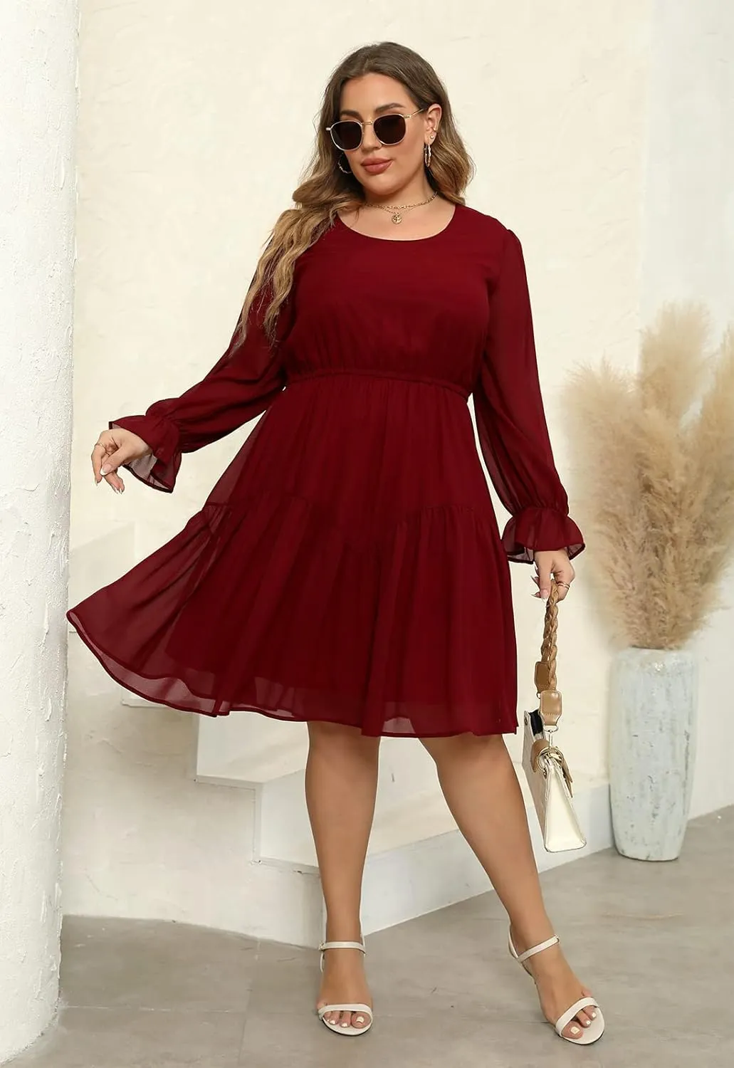 Nemidor Womens Casual Plus Size Long Lantern Sleeve Boho Chiffon Print Midi Skater Dress NEM320