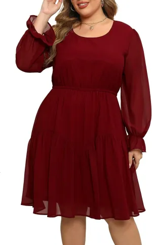 Nemidor Womens Casual Plus Size Long Lantern Sleeve Boho Chiffon Print Midi Skater Dress NEM320