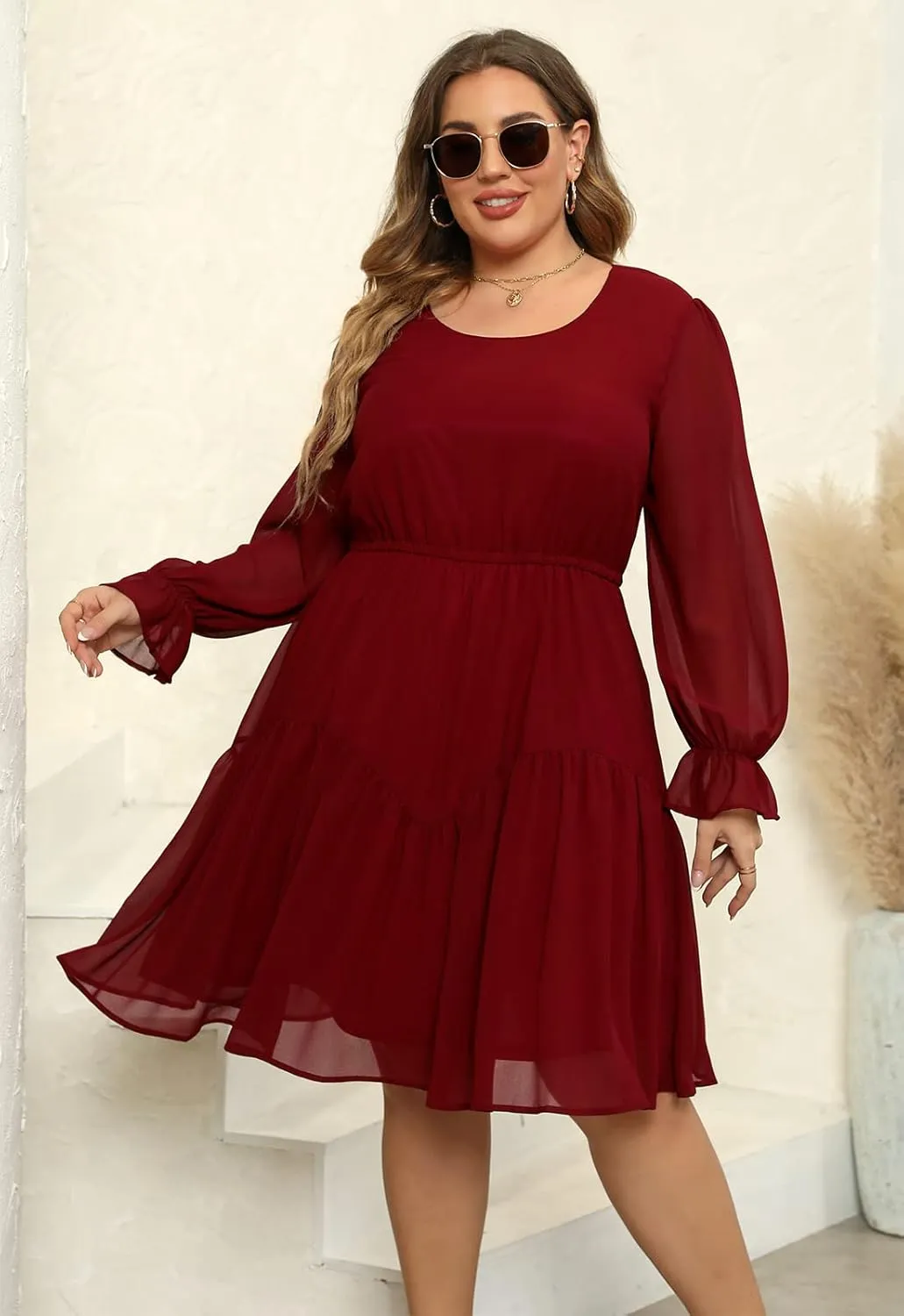Nemidor Womens Casual Plus Size Long Lantern Sleeve Boho Chiffon Print Midi Skater Dress NEM320