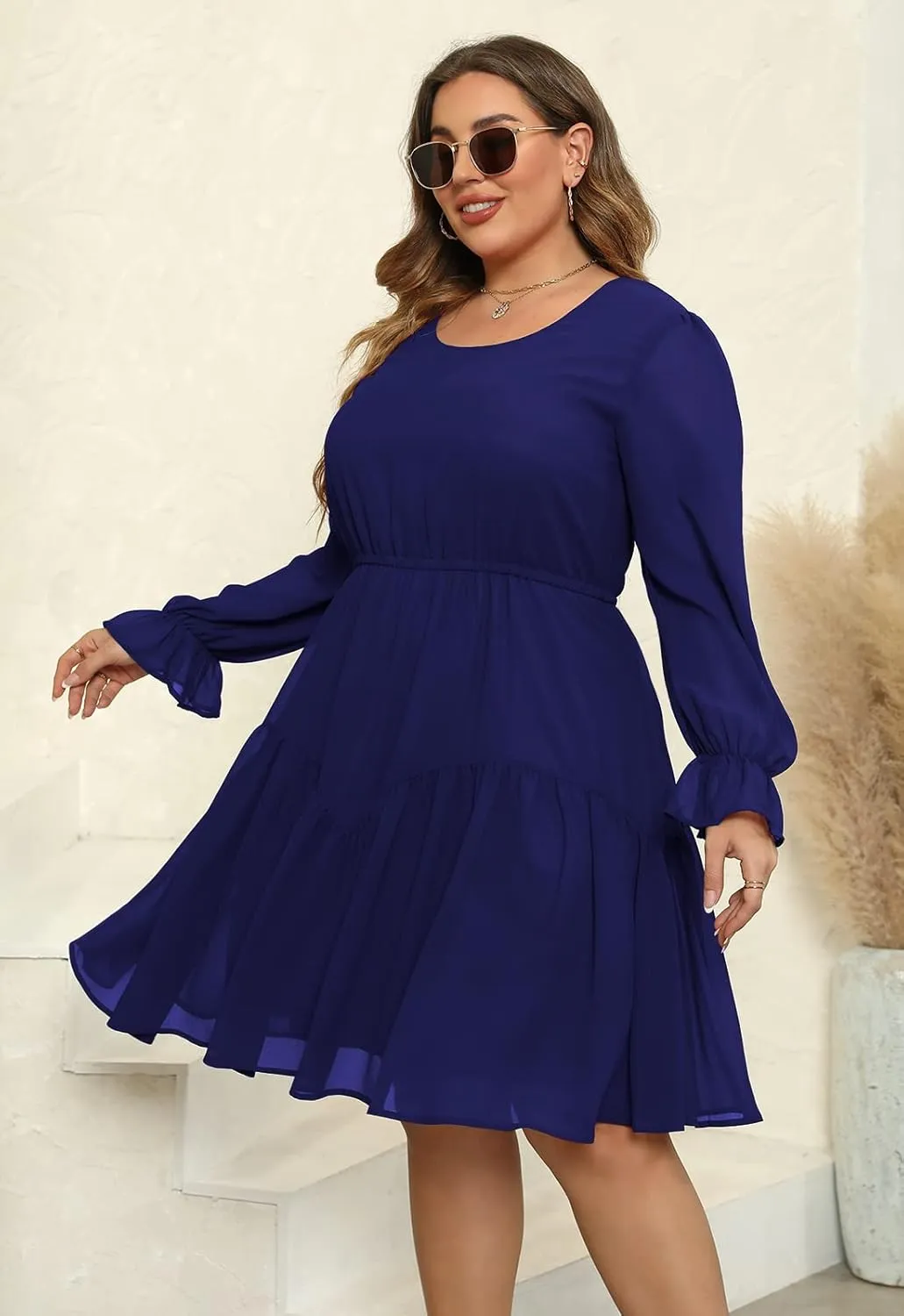 Nemidor Womens Casual Plus Size Long Lantern Sleeve Boho Chiffon Print Midi Skater Dress NEM320