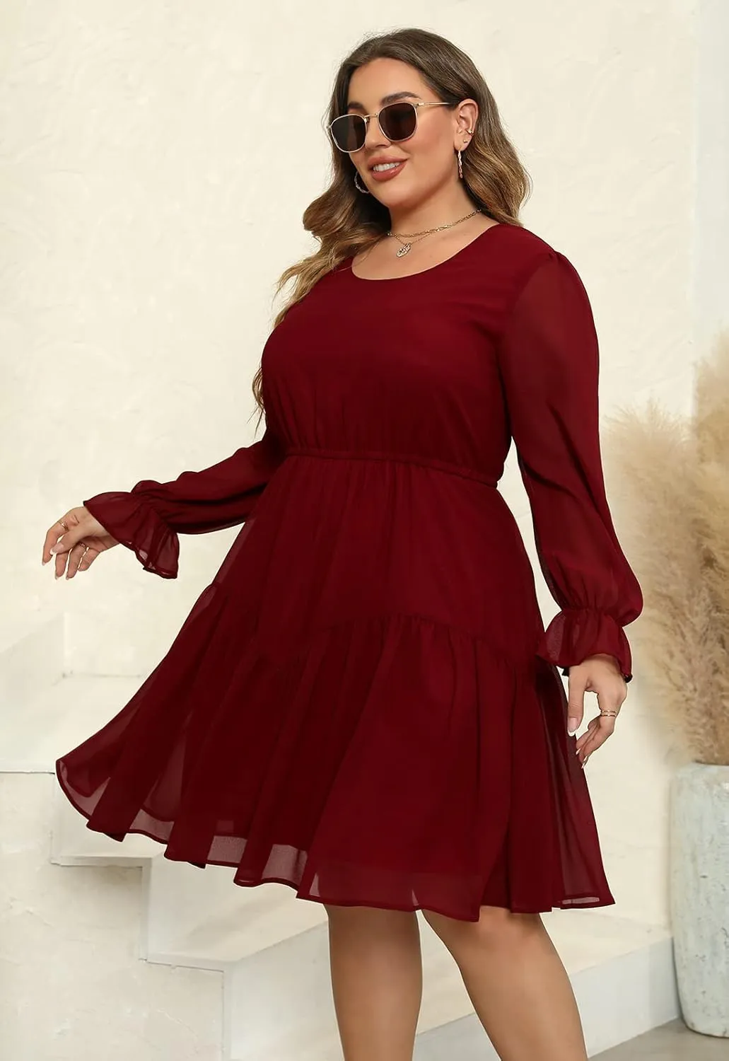 Nemidor Womens Casual Plus Size Long Lantern Sleeve Boho Chiffon Print Midi Skater Dress NEM320