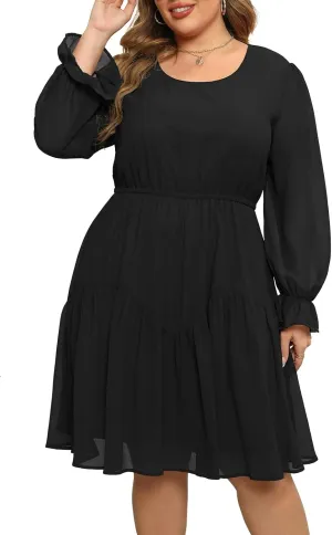 Nemidor Womens Casual Plus Size Long Lantern Sleeve Boho Chiffon Print Midi Skater Dress NEM320