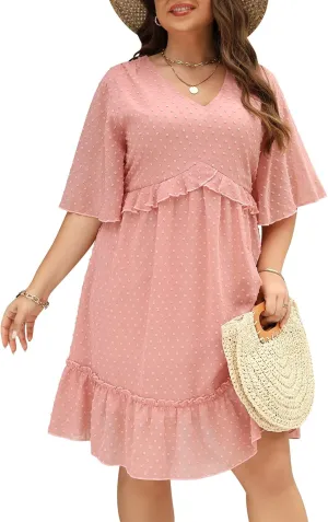 Nemidor Womens Loose Plus Size Summer Ditsy Floral Print Ruffle Mini Flowy Dress NEM314
