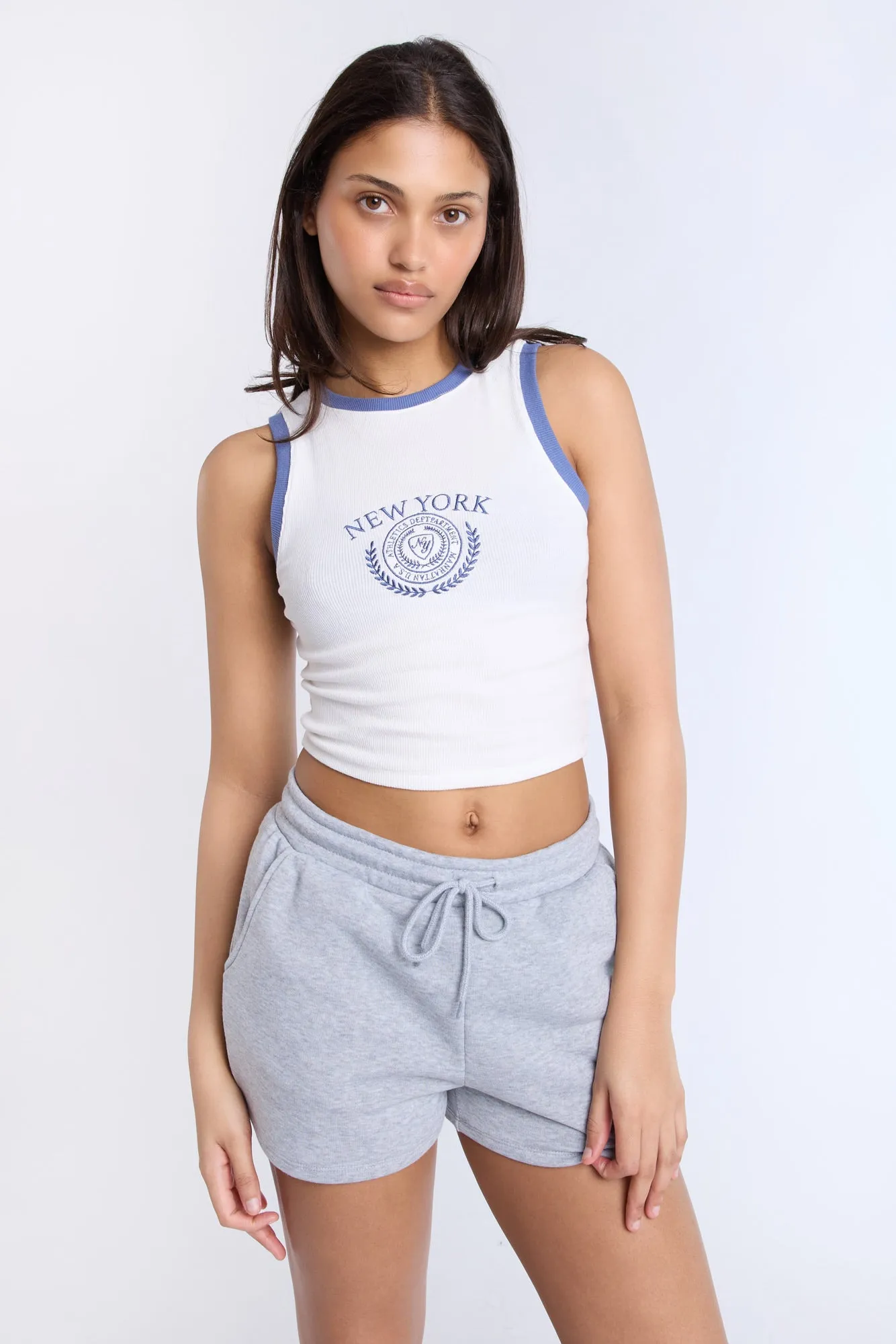 New York Crest Embroidered Graphic High Neck Tank Top