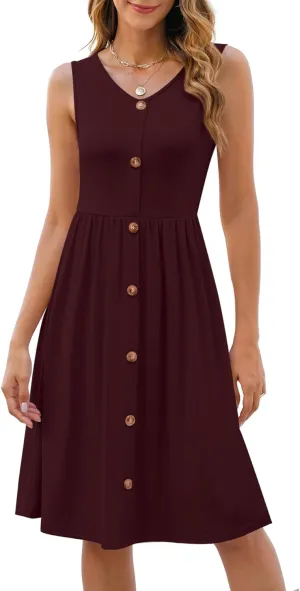 NILOUFO Women's Summer Casual Midi Dress Sleeveless V Neck A-Line Dresses Swing Button Down Beach Sundresses