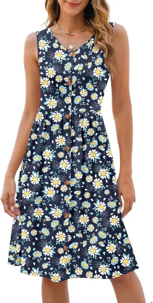 NILOUFO Women's Summer Casual Midi Dress Sleeveless V Neck A-Line Dresses Swing Button Down Beach Sundresses