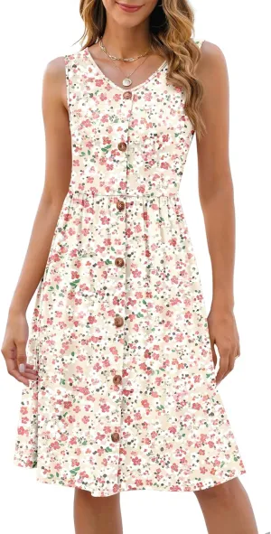 NILOUFO Women's Summer Casual Midi Dress Sleeveless V Neck A-Line Dresses Swing Button Down Beach Sundresses