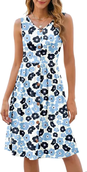 NILOUFO Women's Summer Casual Midi Dress Sleeveless V Neck A-Line Dresses Swing Button Down Beach Sundresses