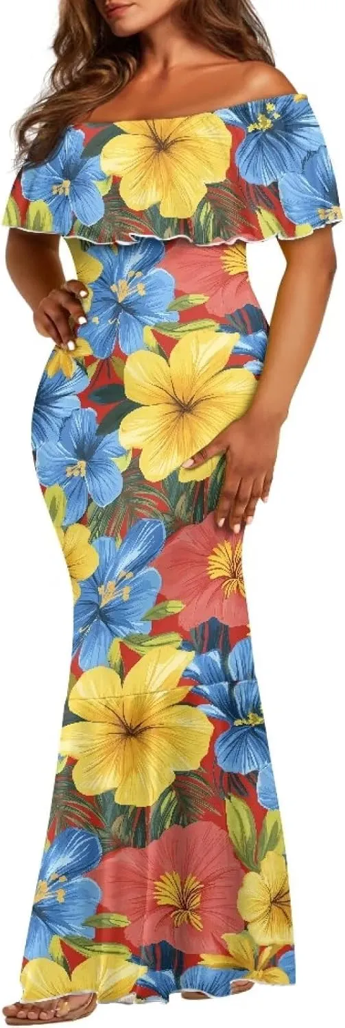 Off The Shoulder Dresses for Women Polynesian Dress Summer Hawaiian Outfit Long Dresses S-7XL