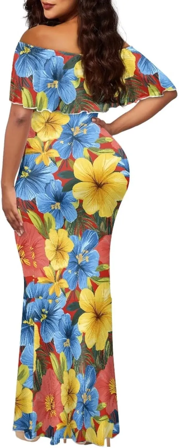 Off The Shoulder Dresses for Women Polynesian Dress Summer Hawaiian Outfit Long Dresses S-7XL