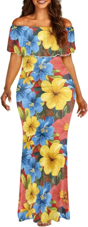Off The Shoulder Dresses for Women Polynesian Dress Summer Hawaiian Outfit Long Dresses S-7XL