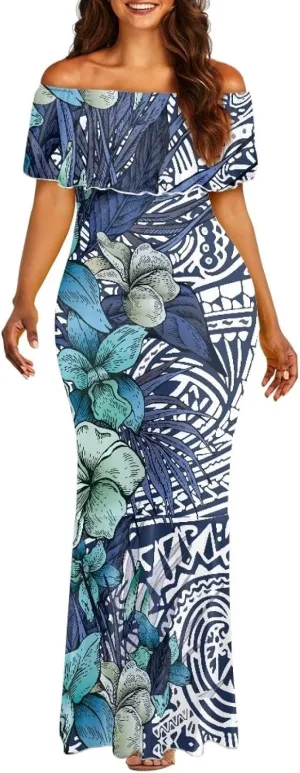 Off The Shoulder Dresses for Women Polynesian Dress Summer Hawaiian Outfit Long Dresses S-7XL