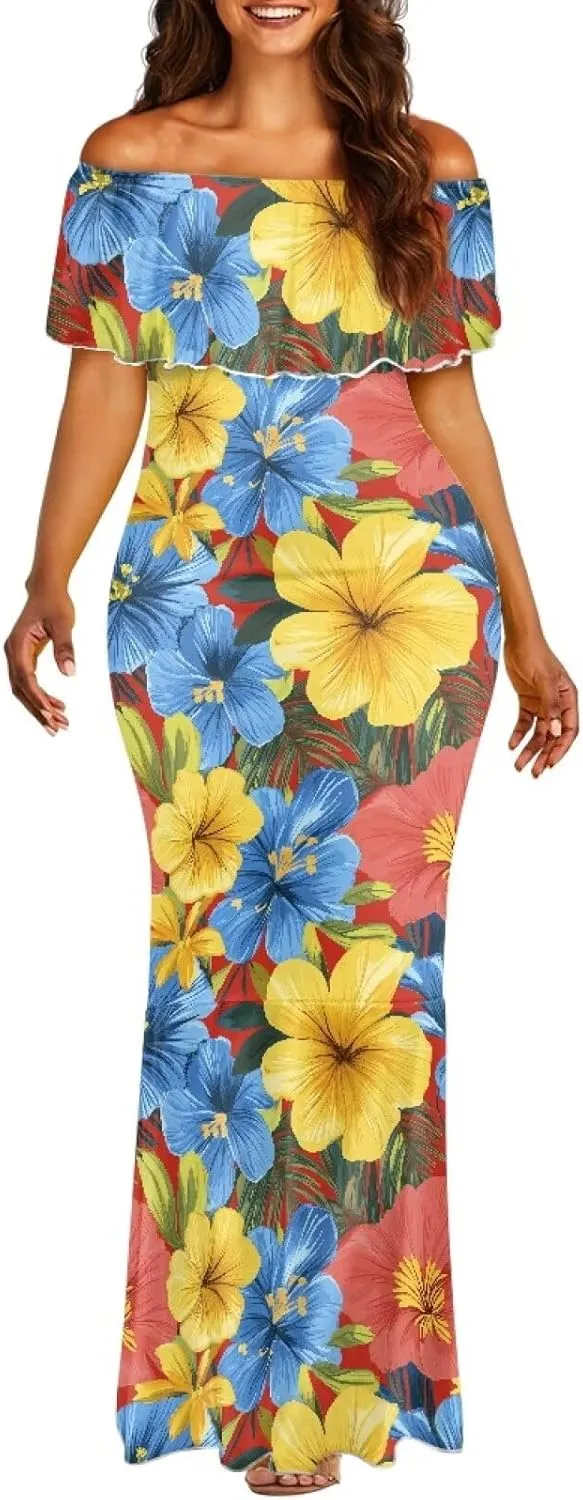 Off The Shoulder Dresses for Women Polynesian Dress Summer Hawaiian Outfit Long Dresses S-7XL