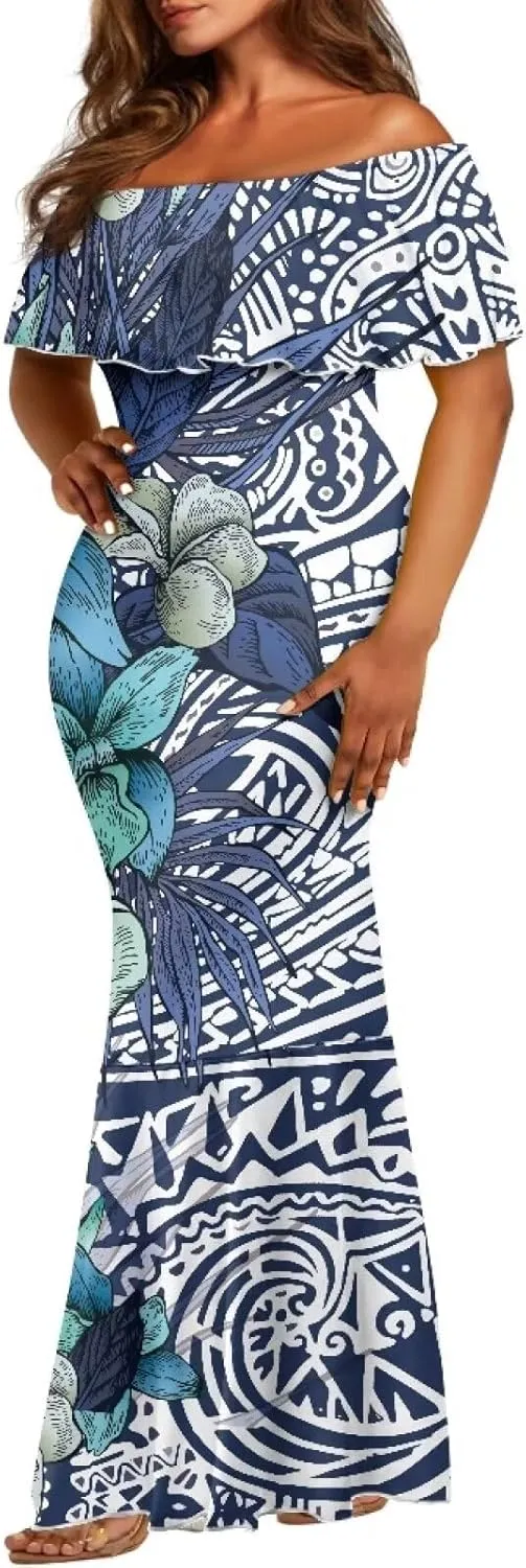 Off The Shoulder Dresses for Women Polynesian Dress Summer Hawaiian Outfit Long Dresses S-7XL