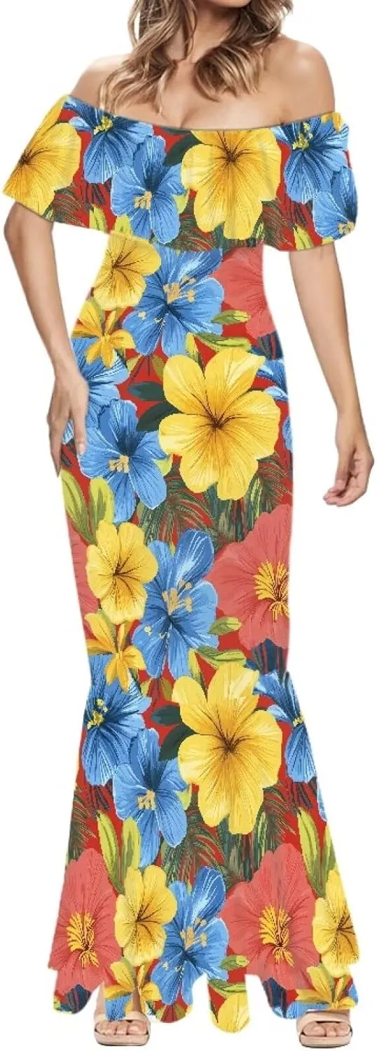 Off The Shoulder Dresses for Women Polynesian Dress Summer Hawaiian Outfit Long Dresses S-7XL